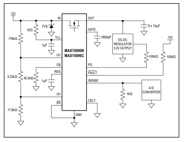 Applikations-Schaltungsdiagramm - Analog Devices / Maxim Integrated MAX15090B/MAX15090C Hot-Swap-Fähige ICs
